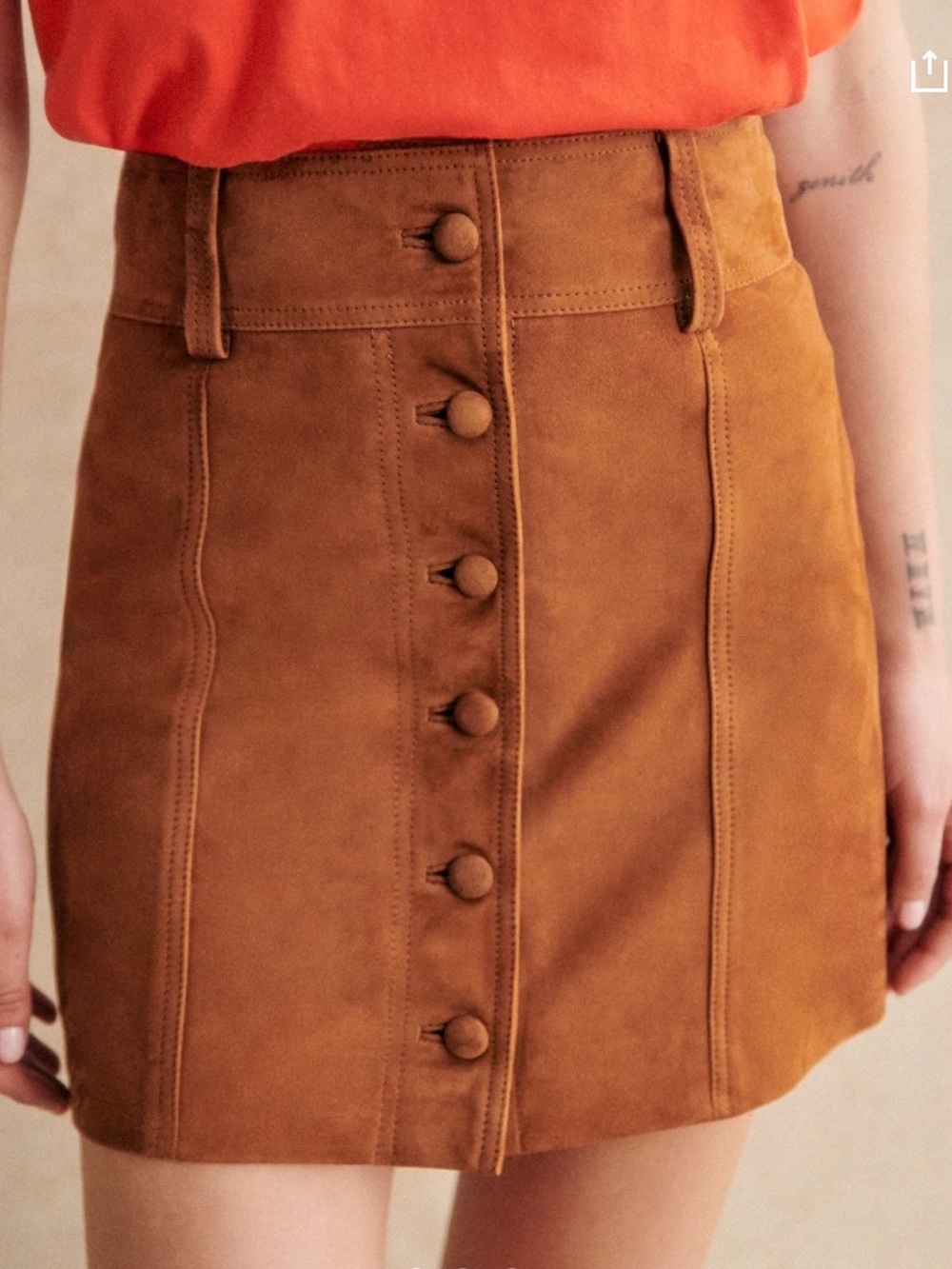 NWT Sezane Savine Button-Front Brown Suede Mini Skirt